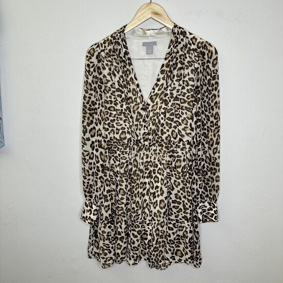 Divided H&M Leopard Print Dress Women's Fit and Flare Tan Size 4 Long Sleeve Tan - Picture 3 of 8